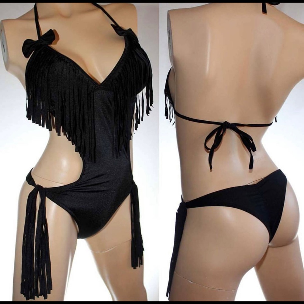 BLACK | NWOT | SWIMSUIT WITH FRINGE | CUSTOM | ADJUSTABLE | ONE PIECE | BIKINI |